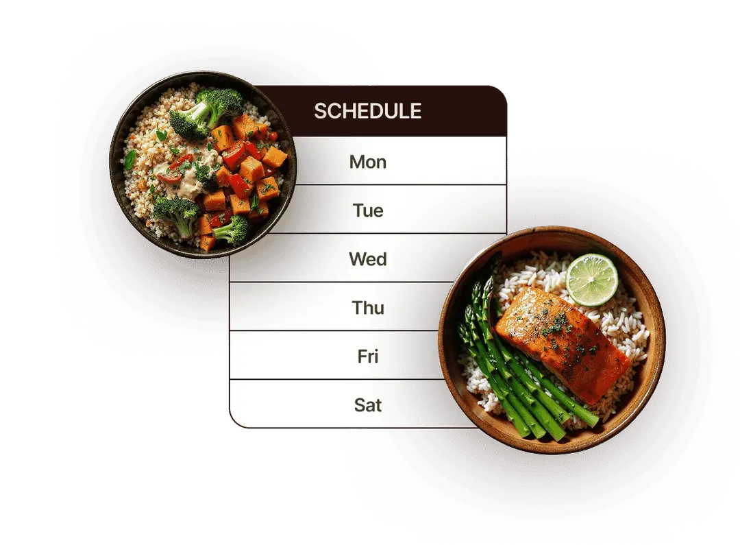 Healthy meal schedule with two bowls of salmon with rice and a side of broccoli by prepnourish
